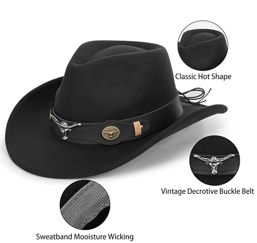 Women & Men Felt Western Cowboy Hat Classic Roll Up Brim Belt Buckle Cowgirl Fedora (M) - Image 3