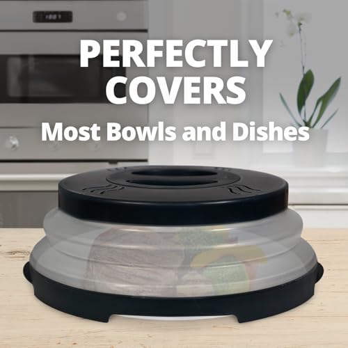 High Power Magnetic Microwave Splatter Cover with strongest magnetic grip, Collapsible 12-Inch BPA-Free Food Lid, Vented Plate Guard, Dishwasher Safe, Space-Saving Magnetic Storage - Black