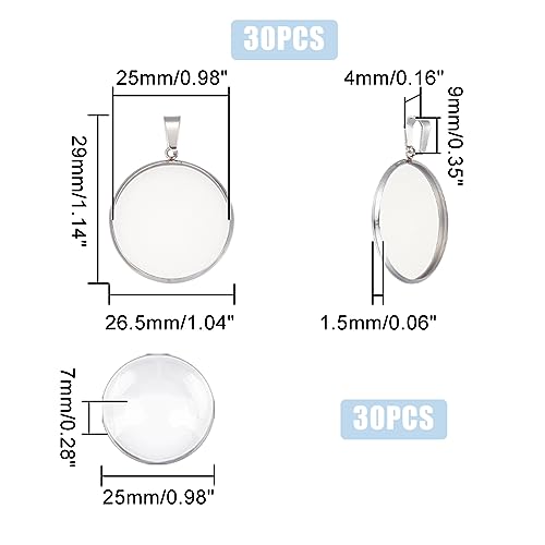 UNICRAFTALE 30 Sets Blank Dome Flat Round Pendant Tray 25mm Stainless Steel Cabochon Charms with Pinch Bails Blanks Bezel Pendant Trays with Glass Cabochon for DIY Necklace Jewelry Making - Image 3