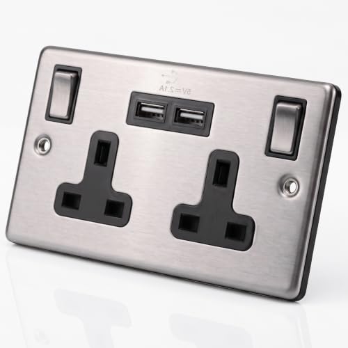 Status Stainless Steel Double Switched Power Plug Wall Socket with 2 x USB Ports, 13 Amp, 2 Gang, Wall Socket, Screw Through, Pack of 1 (SSS2G13A2USBSWS8)