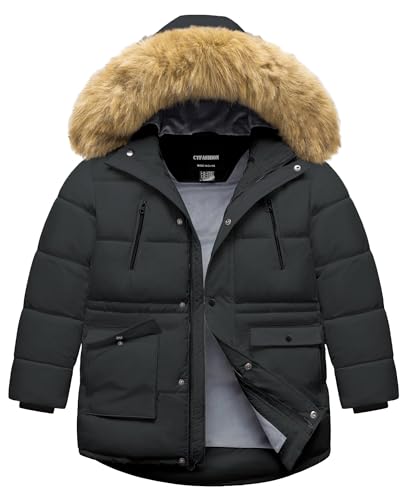 Image of Boy's Winter Coat Waterproof Kids Puffer Jacket Thicken Parka Fleece Lined Bubble Ski Snow Outerwear with Fur Hood