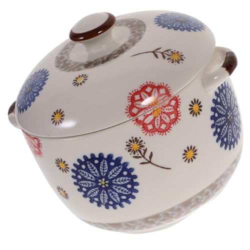 QUMIIRITY 日式陶瓷蒸し器 蓋付きキッチン蒸しボウル 手描き木のアジサイ柄 スムーズ表面 軽量持ち運び簡単 スープやデザートに