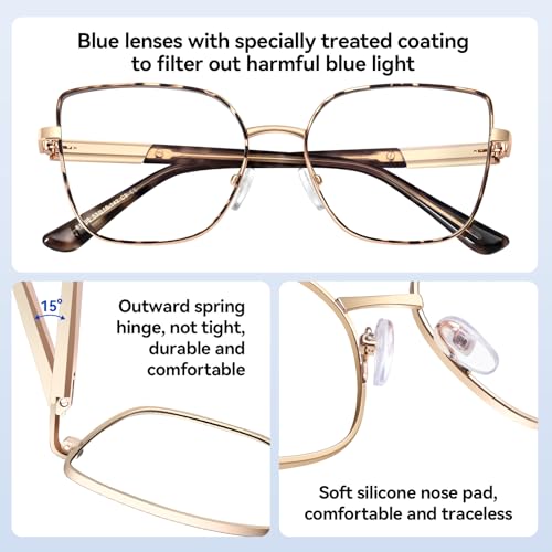 Image of Dollger Square Blue Light Blocking Glasses for Women Trendy Oversized Computer Gaming Eyeglasses Cat Eye Metal Frame bluelight glasses(tortoise)