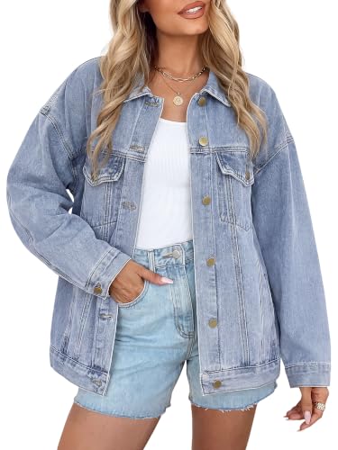 Genleck Women's Oversized Jeans Jacket, Classic Button Down Denim Jacket with Chest Pockets, Loose Fit Boyfriend Style Coat
