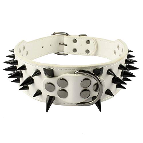 Berry Pet Leather Black Spikes Studded Medium Dog White Collar & Leash & Harness 3 Pcs Set For Pitbull Boxer Neck For 17-20" #TOP2