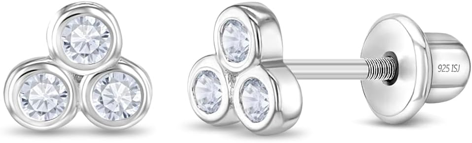 925 Sterling Silver Dazzling Trio Cubic Zirconia Cluster Safety Screw Back Earrings For Little Girls and Preteens - Small Clear CZ Stone Earrings For A Young Girl