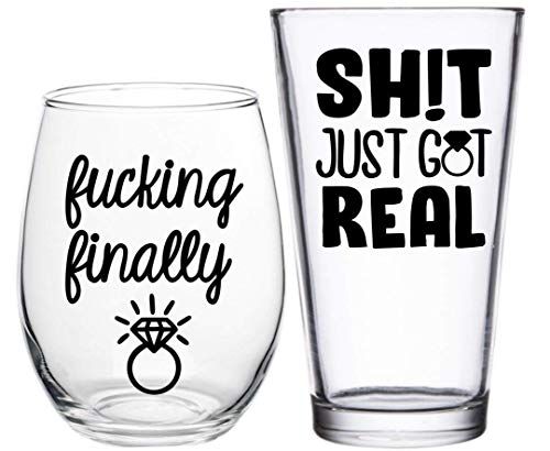 Fucking Finally & Shit Just Got Real - Engagement, Wedding Gift - Wine & Beer Glass Set for Couple