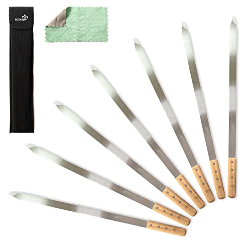 SETAMA Stainless Steel Kabob Skewers - Set of 7 - Flat 1 Inch Wide Blade - Rust Proof - Persian/Brazilian/Chicken/Shrimp Koobideh Kebab - With Tip Protectors, Canvas Storage Bag and Cleaning Cloth