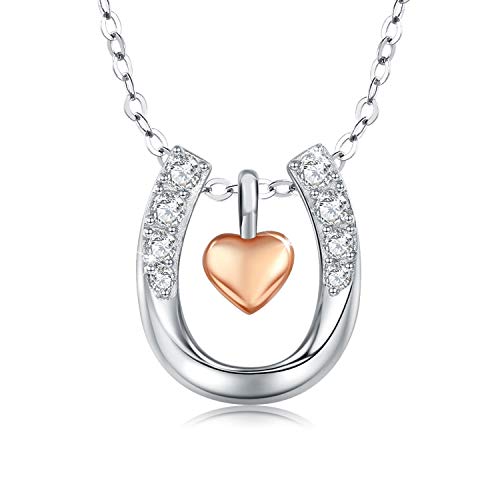 MEDWISE Lucky Horseshoe Necklace Gifts for Women 925 Sterling Silver Rose Gold Heart Love You Horseshoe Pendant Necklace Jewelry for Her