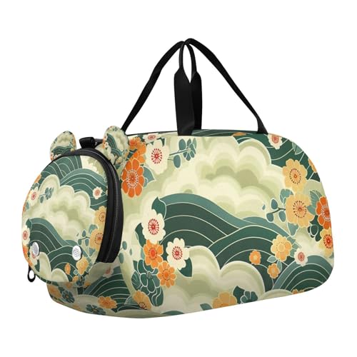 YETTASBIN Sport Travel Duffel Bag for Girls Boys, Japanese Style Flower Large Waterproof Weekender Overnight Bag, Detachable Shoulder Strap Gym Bag with Shoe Compartment & Wet Pocket