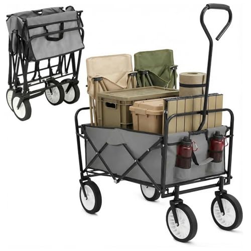 Carrello Pieghevole, 98L Carico Massimo 80 kg Carrello a Mano da Giardino, Carrello da Spiaggia, per Il Trasporto, con Tasca Laterale, per Attività All'aperto, Spiaggia, Campeggio, Grigio