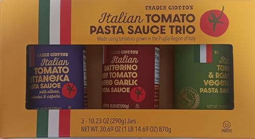Trader Giotto's Italian Tomato Pasta Sauce Trio, Puttanesca with Olives, Datterino with Roasted Garlic, Tomato & Roasted Vegetable, 3 x 10.23 oz Jars