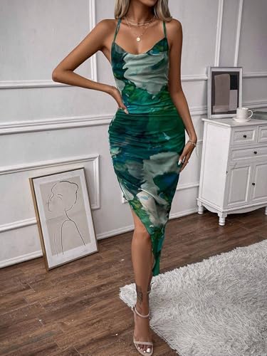 LIGHT DOT Women's Summer Dress Printed Bodycon Ruched Midi Tie Dye Sexy Cami Side Slit Mesh Layered4