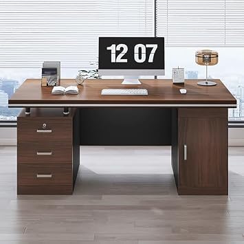 Rustic Executive Desk with 3 Drawers & Storage Cabinet, Computer Writing Desk for Home Office, Stylish Oak Workstation (47x24x30) - Functional & Chic
