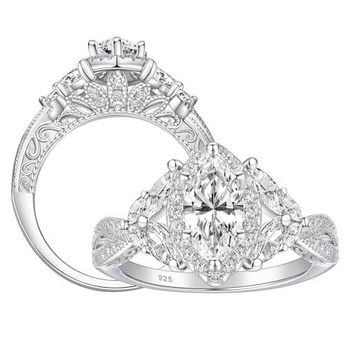 SHELOVES Art Deco Marquise Cluster Halo Wedding Engagement Rings For Women AAAAA CZ 925 Sterling Silver Sz 5-10