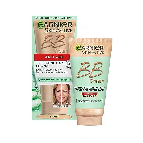 Garnier SkinActive Anti-Age BB Cream, Shade Light, Tinted Moisturiser SPF 15, Softens Fine Lines & Firms Skin, With Hyaluronic Acid, Aloe & Mineral Pigments, 50 ml