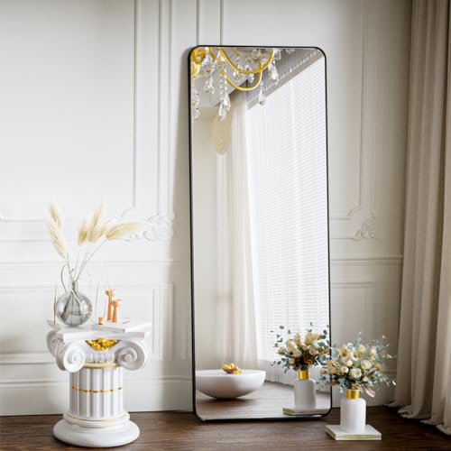 Koonmi Espejo de pie con esquinas redondeadas, 50 x 150 cm, espejo de cuerpo entero con soporte, espejo grande de pie, con colgador de pared para dormitorio, salón, color negro