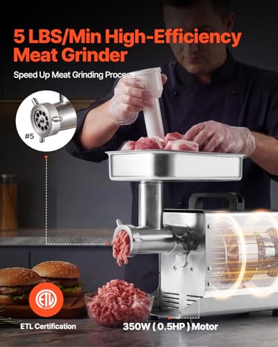 Image of VEVOR Commercial Meat Grinder, 5 Lbs /Min Capacity, #5 Electric Meat Mincer with 3 Plates, 3 Sausage Stuffing Tubes, 350W /0.5HP Stainless Steel Sausage Maker for Home Kitchens & Restaurants, ETL Listed