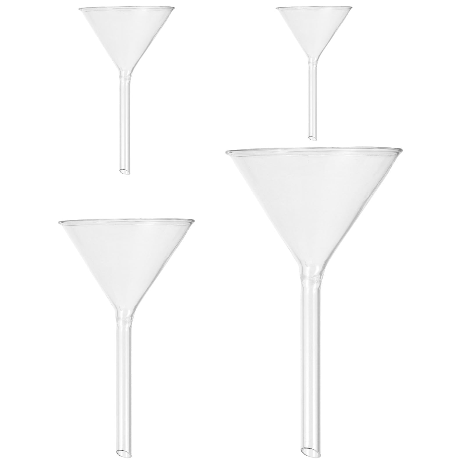 Embudos de Vidrio Cortos 4 Piezas (40mm, 50mm, 75mm, 100mm) Resistentes Temperatura para Laboratorio y Cocina, Embudo Triangular Transparente para Filtración y Transferencia