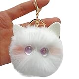 Spenll Cute Cat Plush Keychain for Women Girls, Kawaii Cat Pom Pom Car Keyring Purse Charms Decoration for Backpack Handbag (White with Purple Eyes)
