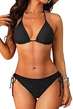 Tempt Me Women Black Triangle Bikini Sets Halter Two Piece Sexy Swimsuit String Tie Side Bathing Suit M