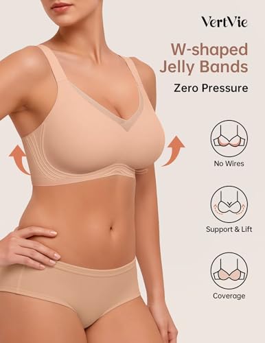 Image of Vertvie Wireless Jelly Bra Seamless Supportive Crossover | Full Coverage & Lift, Mesh V-Neck, No Underwire, Back Smoothing, Push Up, Plus Size, All-Age Comfort, Everyday T-shirt Bra