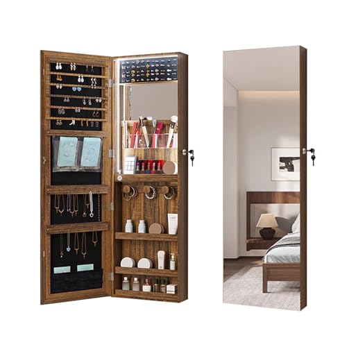 HXYhydrypd Mirror Jewelry Cabinet, Wall-Mounted Cabinet with LED Interior Lights, Jewelry Organizer, Full-Length Mirror(Brown)