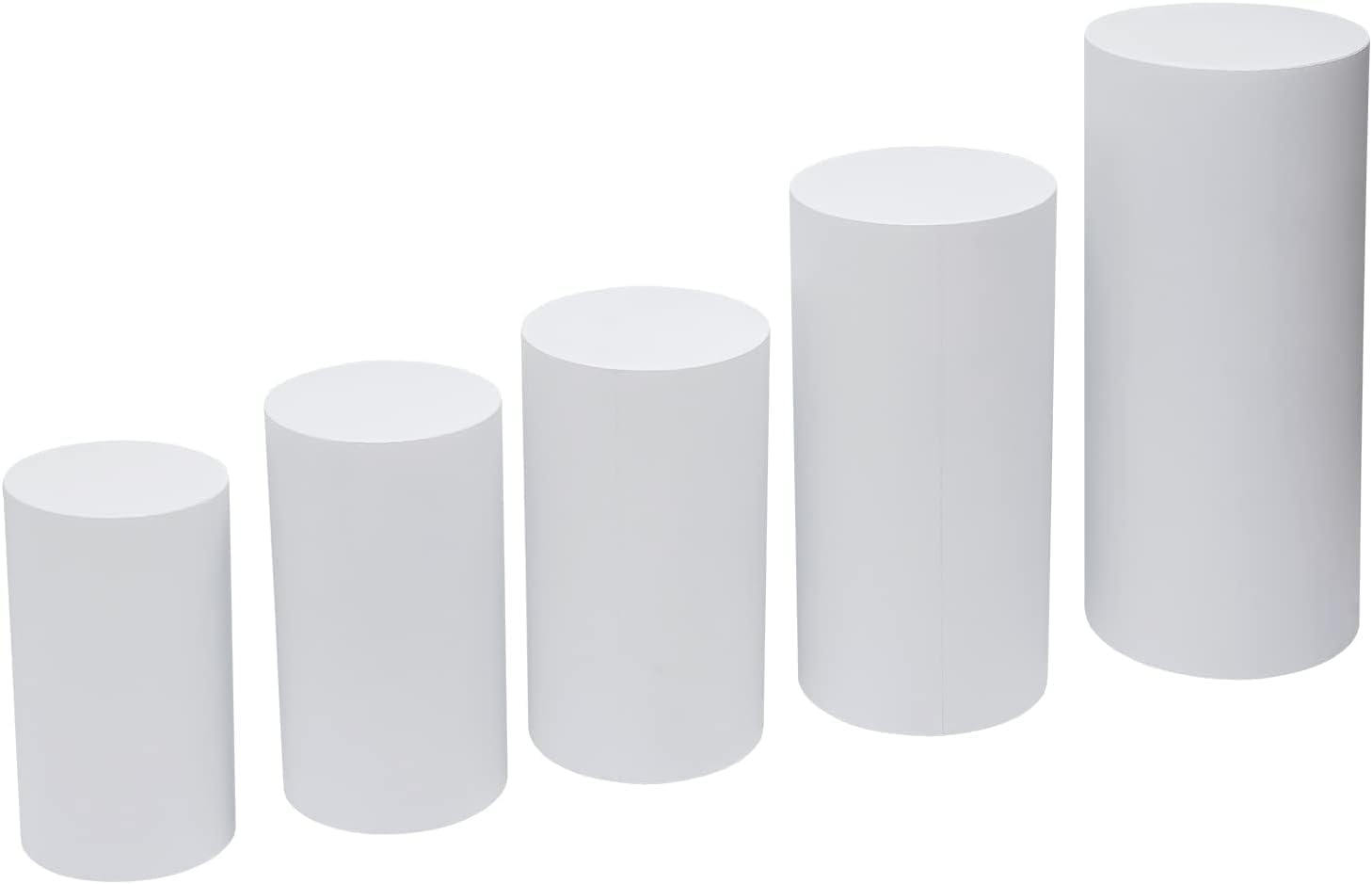 5 Pcs White Cylinder Pedestal Stands Metal Cylinder Pedestal Display Stand Dessert Table Display Pillars Round Pedestals Stand for Wedding Baby Shower Birthday Event Decor