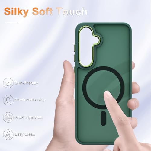 Image of YENAPOON for Samsung Galaxy S25 FE Case, Matte Magnetic Phone Case with 1 Screen Protector, Support for Magsafe, Translucent Frosted Shockproof Protective Cover for Samsung Galaxy S25 FE, Dark Green