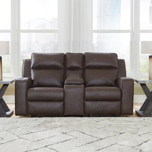 Image of Signature Design by Ashley Wall Hugger Reclining Loveseat with Console | Heavyweight padded faux leather feel, Center console with 4 cup holders and manual pull-tab recline, Lavenhorne Series