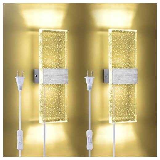 KEQJSK Modern Wall Sconce 12W, Set of 2 Wall Lamp Warm White, Crystal Bubble Glass Wall Sconce Lighting with 6FT Plug in Cord and On/Off Switch on The Cord, Hardwired Wall Mounted Wall Lights.2 Pack