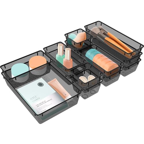Image of StorMiracle 13 PCS Clear Plastic Drawer Organizers Set, 4 Size Desk Drawer Organizer Trays for Makeup, Jewelry, Kitchen Utensils, Gadgets and Office Accessories, Black