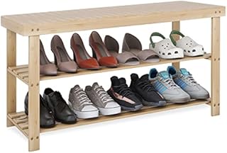 SMIBUY Sturdy Bamboo Shoe Rack Bench, 3-Tier Shoe Organizer, Storage Shelf for Entryway Hallway Bathroom Living Room (Natural)