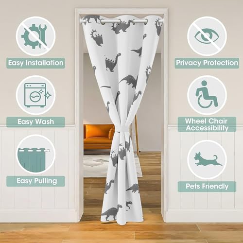 Dinosaur 30%-50% Room Darkening Blackout Curtain 150x203cm Boys Girls 3D Digital Print Door Curtain for Doorway Privacy Jungle Dino Room Divider Curtain Cover Wild Animal Grey Window Treatments - Image 3