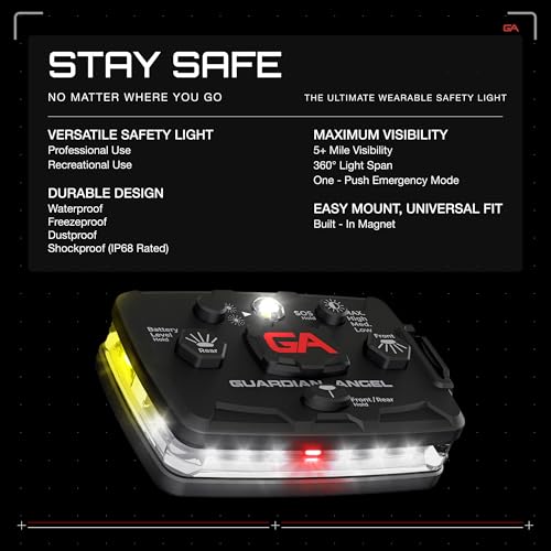 Image of Guardian Angel Elite Series Safety Light, Beacon Device (White Front & Red /Yellow Rear) Rechargeable, Magnetic, Hands-Free Wearable & Mountable LED Flashlight for Construction, Utilities, & Roadside