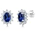 Gem Stone King 3.00 Ct 7x5mm Oval Blue Created Sapphire 925 Sterling Silver Stud Halo Princess Diana Kate Middleton Post Earrings