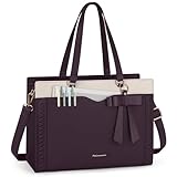 RAINSMORE Laptop Bag for Women 15.6 Inch Work Tote Bag for Women with Detachable Strap & Bow Leather Professional Laptop Tote with Cup Holder, Office Business Briefcase Large Handbag，Purple-White