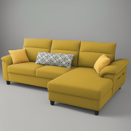 Image of Casaliving Seams RHS 4 Seater L Shape Sofa for Living Room (Yellow Fabric) Premium Fabric Sofa