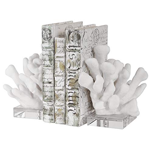 MY SWANKY HOME Luxe White Faux Coral Sculpture Bookends Set 2 Crystal Coastal Reef Sea Shell
