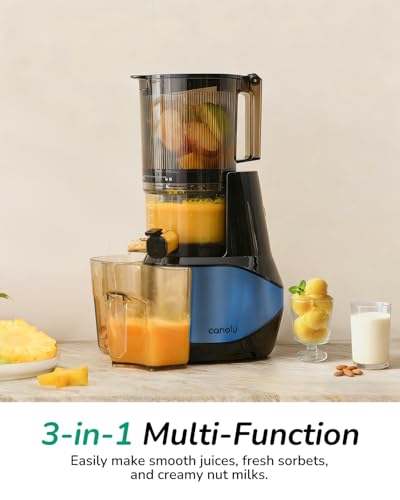 Image of Canoly C09 Cold Press Juicer, 6 inch Extra Wide Feed Chute, 3-IN-1 Strainers (Juice & Sorbet & Nut Milk), Powerful AC Brushless Motor, Self Precut System, Juicer Machines with BPA-Free (Blue)