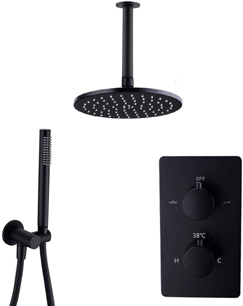 Bathroom Shower Mixer Set Shower System,Ceiling Mounted Brass Thermostatic Black Shower Set with 8-12 Inch Bathroom Rainfall Shower Faucet Set and with Handheld