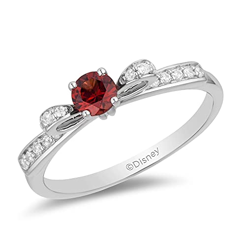 Jewelili Enchanted Disney Fine Jewelry Sterling Silver 1/10 Cttw Diamond and 4mm Round Garnet Snow White Fashion Ring