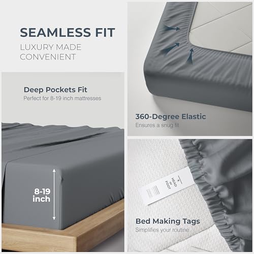Image of THREAD SPREAD 100% Egyptian Cotton Split King Sheets Sets for Adjustable Bed - 1500 Series Split King Sheets (5 PC, Dark Grey), Silky Soft, Sateen, Cooling & Breathable, 17 inch Deep Pocket Bed Set