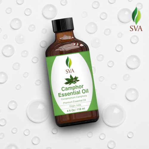 SVA Camphor Essential Oil – 4 Fl Oz – 100% Natural Camphor Oil - for Diffuser, Hair Care, Face, Skin Care, Aromatherapy, Scalp and Body Massage, Soap and Candle Making – with Dropper