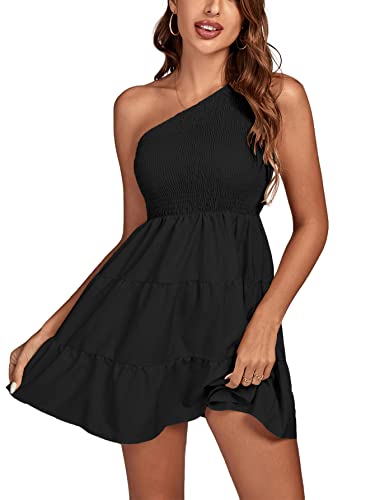 LYANER Women's One Shoulder Smocked Shirred Tiered Ruffle Sleeveless A-Line Mini Dress