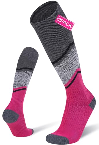 FITRELL 2 Pack Men's and Women's Ski Socks with Full Cushion Merino Wool Winter Thermal Knee High Warm Socks for Skiing Snowboarding, Rose Red, Small