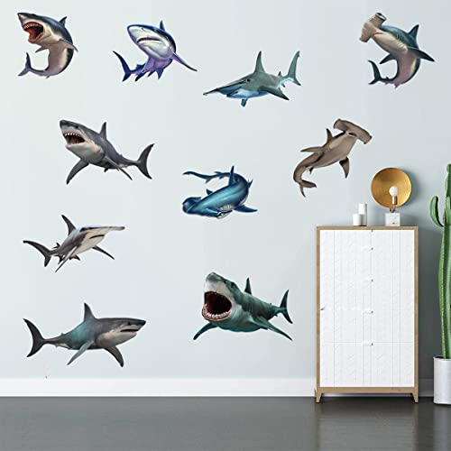 11 Pcs 3D Large Shark Wall Decal Stickers, Ocean Animal Under The Sea Wall Decal Stickers, Peel And Stick Removable Sea Creature Shark Stickers For Kids Room Playroom Bathroom Baby Nursery Wall Decor #TOP4