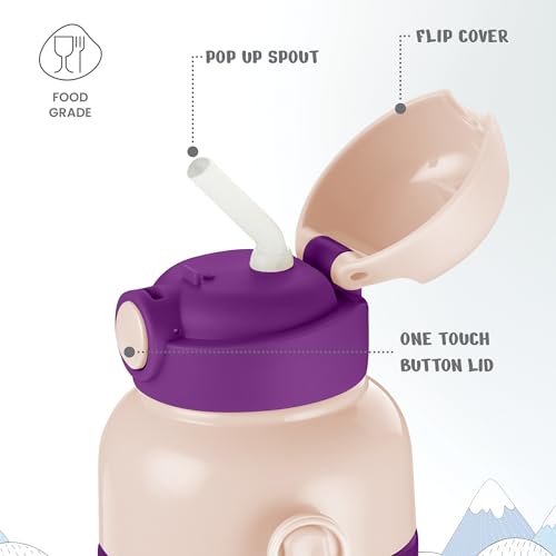 Image of Milton Steel Indus 400 Thermoware PU Insulated, 390 ml Water Bottle with Straw for Kids, Leak Proof Flip Top Sipper Lid Bottle, School, Picnic, Easy to Carry Belt, Purple