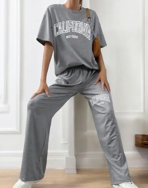 Image of My Swag Women Casual T-Shirt & Trouser Co-Ords Set Half Sleeve Loose-Fit Summer Cord Set 2 Piece Black Outfit Pajama Set for Women & Girls