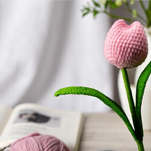 Image of Tulip Crochet Flowers | Handcrafted Artificial Faux Woolen Flower with Long Stem | Natural Looking Knitted Flower for Home, Living Room, Vase & Bouquet Decoration & Gifting | Baby Pink- 2 Pcs